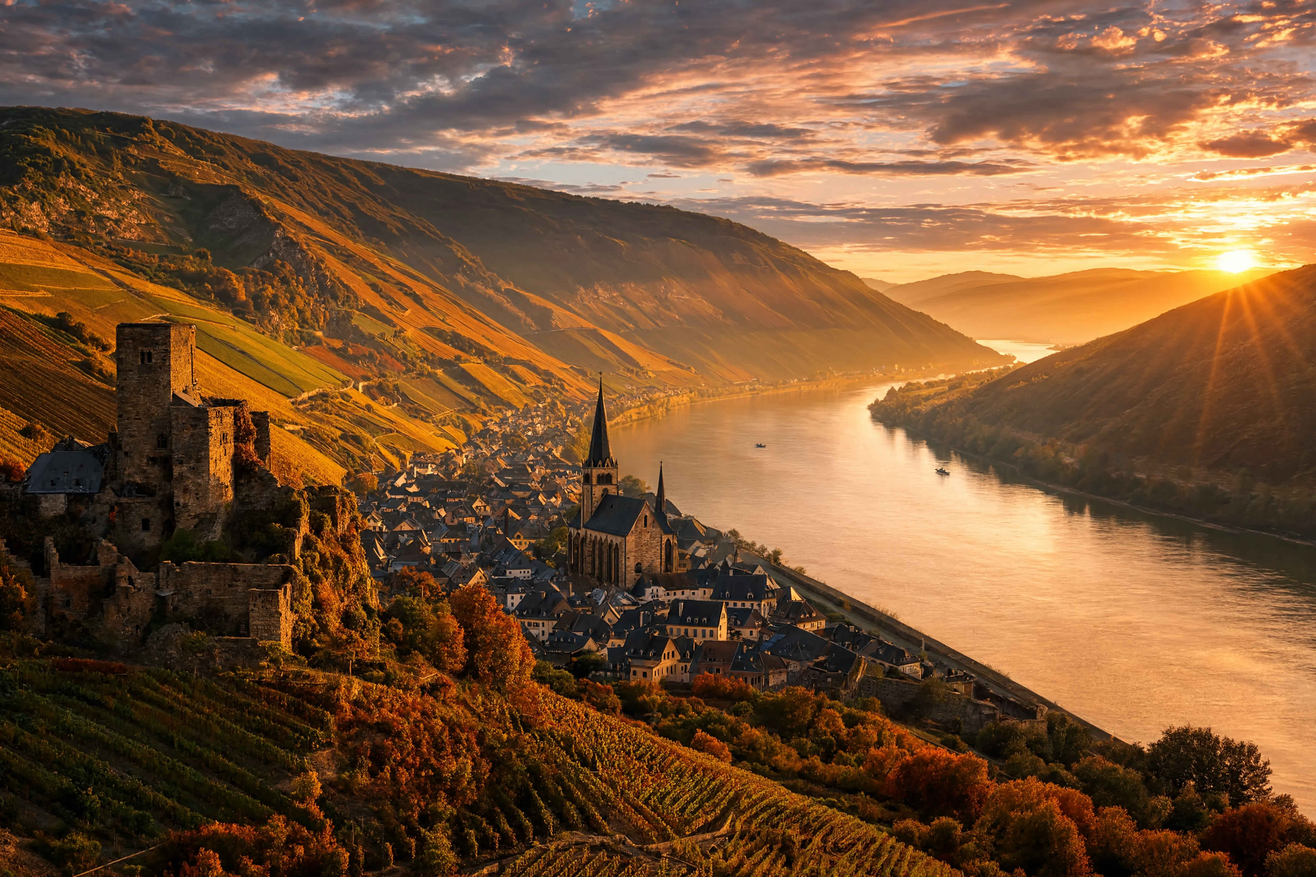 Rheintal mit Burgen und Weinbergen im Herbst